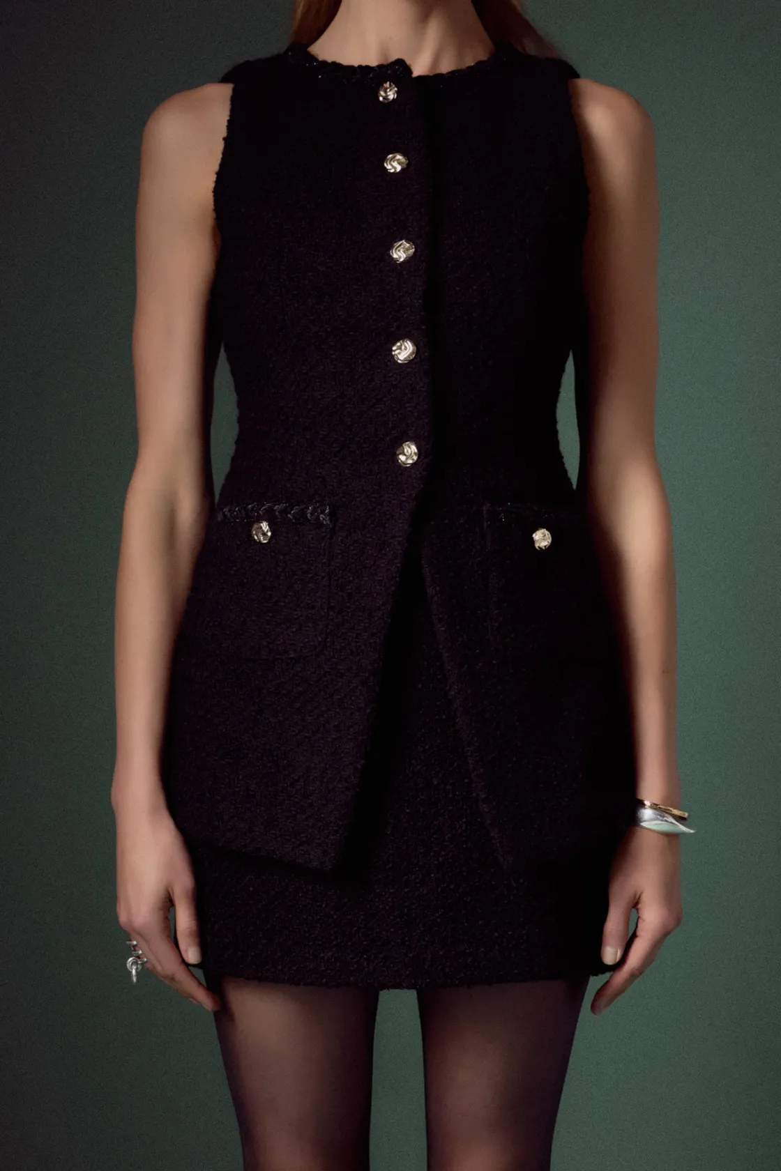 english_factory__tweed_lo_0.webp ENGLISH FACTORY Vest | Matching Sets*- Tweed Long Vest BLACK