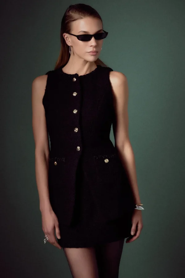 ENGLISH FACTORY Vest | Matching Sets*- Tweed Long Vest BLACK