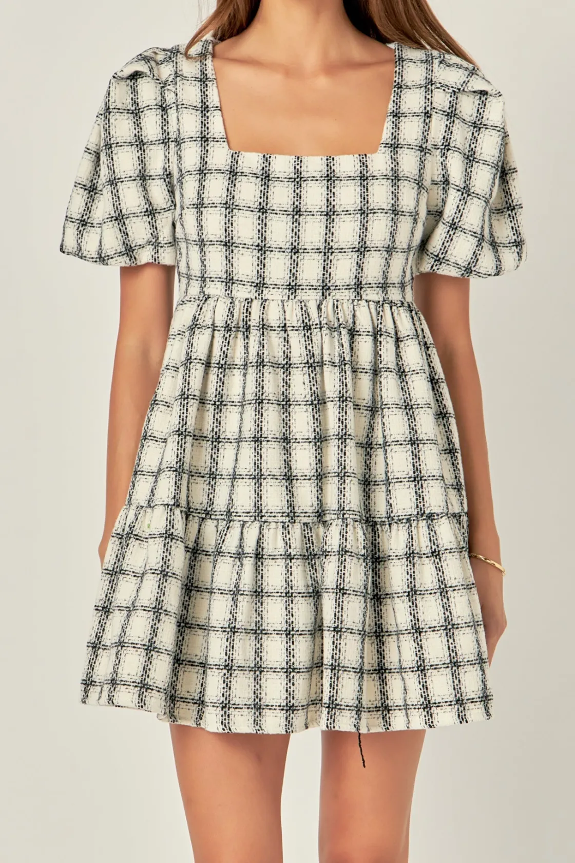english_factory__tweed_mi_0-2.webp ENGLISH FACTORY Tweed Dresses | Puff Sleeve*- Tweed Mini Gingham Dress WHITE