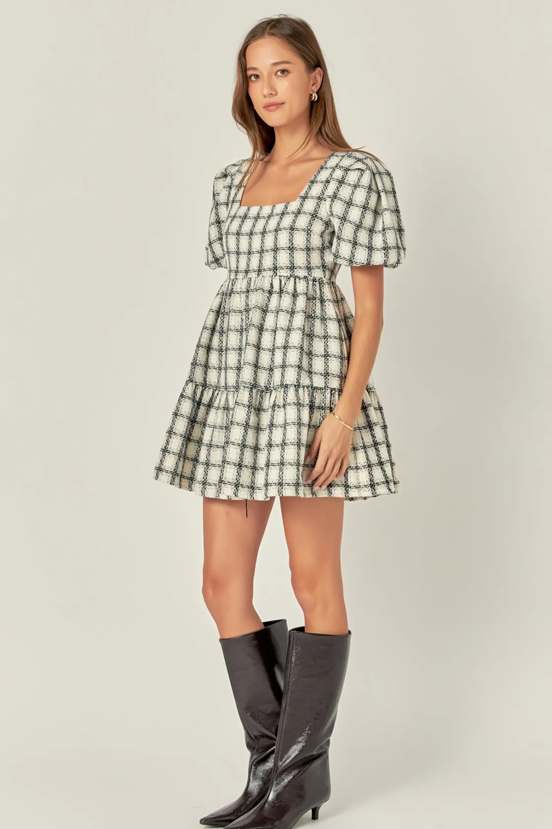 english_factory__tweed_mi_1-2.webp ENGLISH FACTORY Tweed Dresses | Puff Sleeve*- Tweed Mini Gingham Dress WHITE
