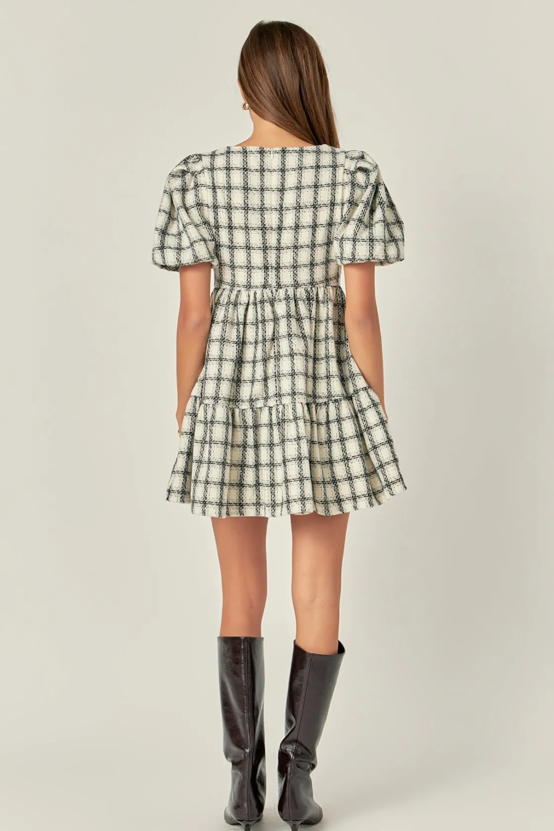 english_factory__tweed_mi_2-2.webp ENGLISH FACTORY Tweed Dresses | Puff Sleeve*- Tweed Mini Gingham Dress WHITE