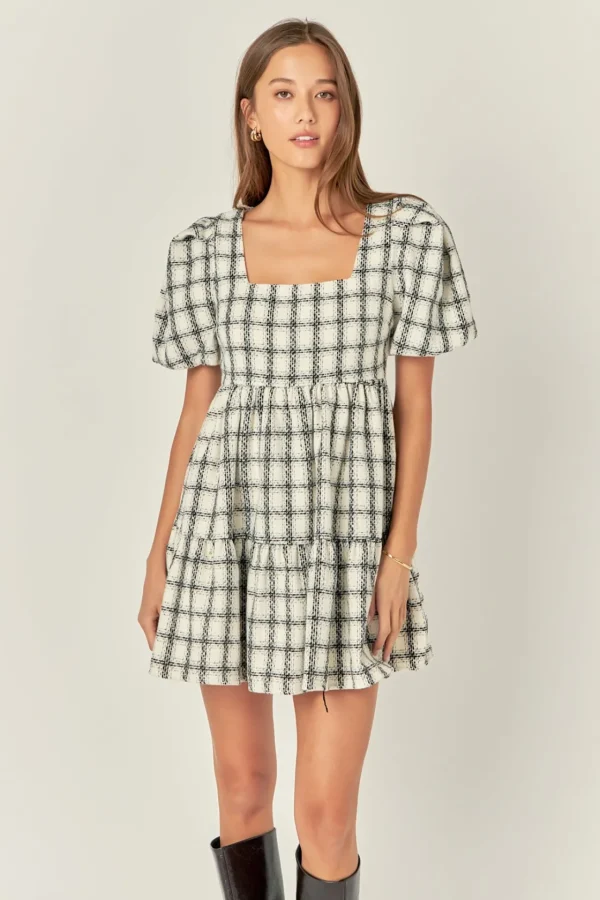 ENGLISH FACTORY Tweed Dresses | Puff Sleeve*- Tweed Mini Gingham Dress WHITE
