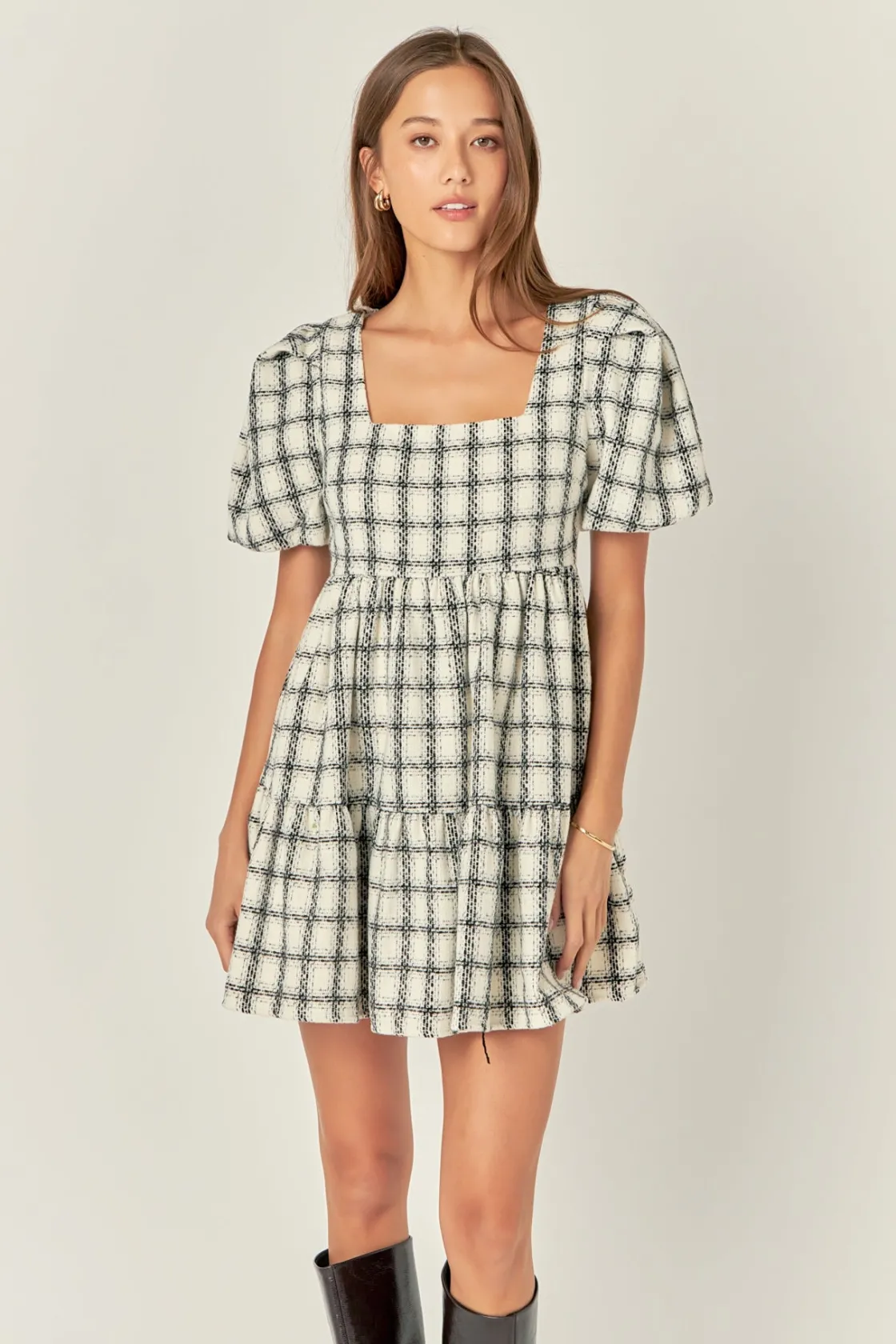 english_factory__tweed_mi_3-2.webp ENGLISH FACTORY Tweed Dresses | Puff Sleeve*- Tweed Mini Gingham Dress WHITE