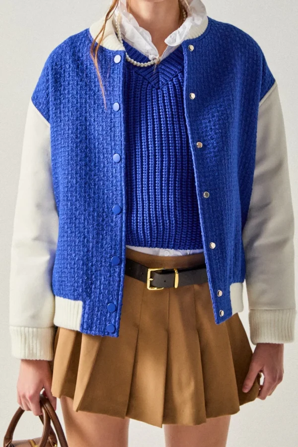ENGLISH FACTORY Jackets & Coats | Tops*- Tweed PU Bomber Jacket BLUE/WHITE