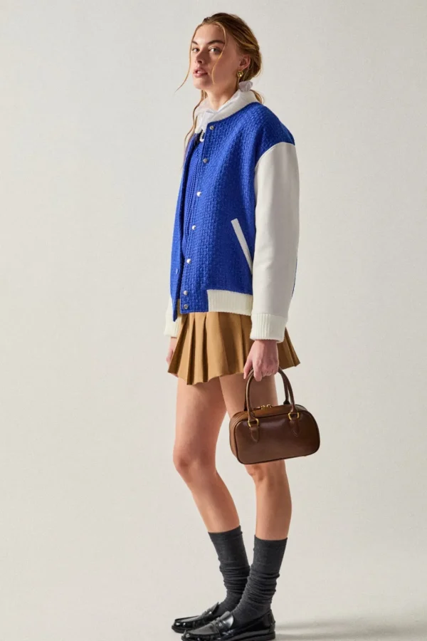 ENGLISH FACTORY Jackets & Coats | Tops*- Tweed PU Bomber Jacket BLUE/WHITE