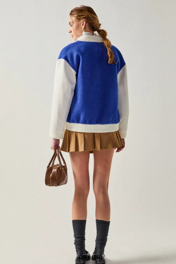 ENGLISH FACTORY Jackets & Coats | Tops*- Tweed PU Bomber Jacket BLUE/WHITE