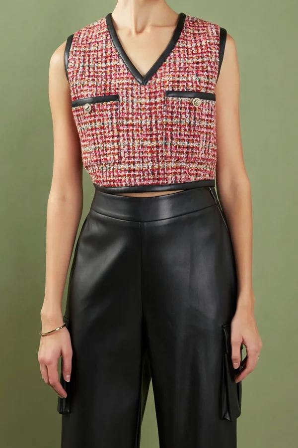 ENGLISH FACTORY Matching Sets | Tops*- Tweed Vest with Faux Leather Trim MULTI