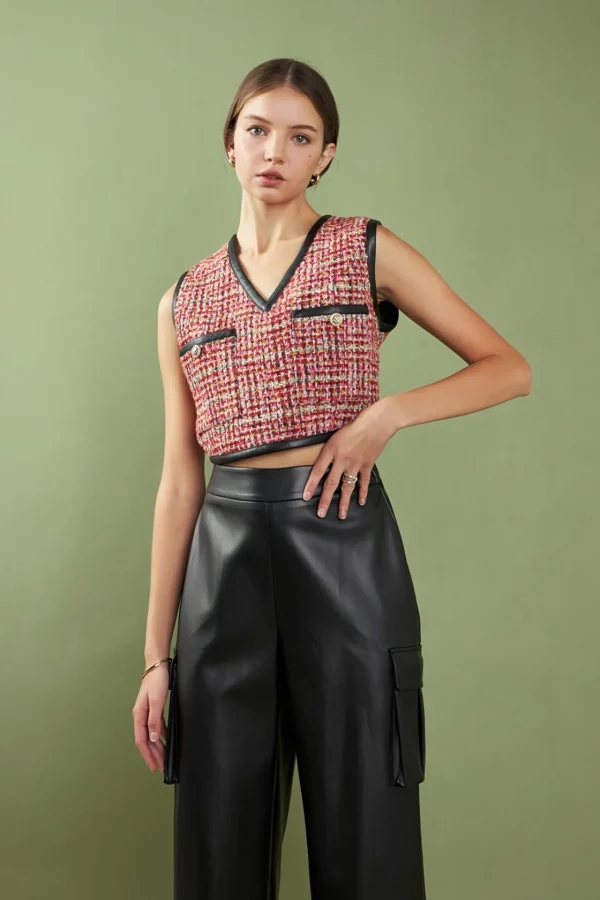 ENGLISH FACTORY Matching Sets | Tops*- Tweed Vest with Faux Leather Trim MULTI