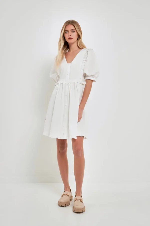 ENGLISH FACTORY White Dresses | Tops*- V Button Down Baby Doll Dress WHITE