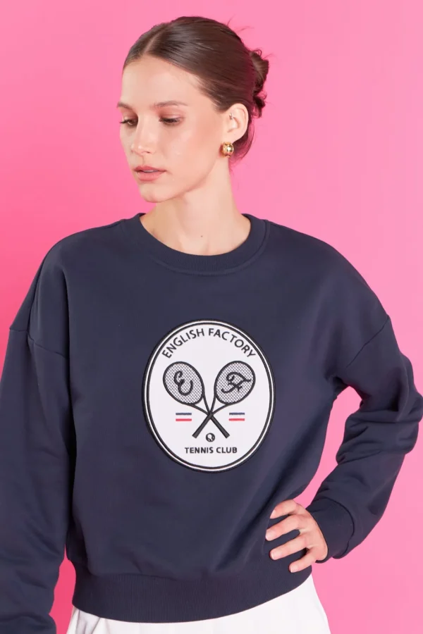 ENGLISH FACTORY Tops*- Velvet Patch Sweatshirt NAVY
