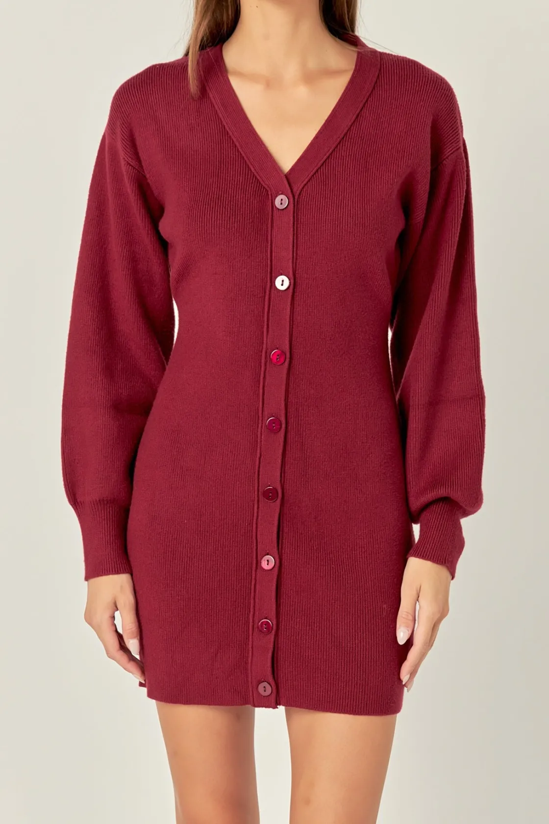 english_factory__vneck_ca_0.webp ENGLISH FACTORY Knit Dresses | Sweaters & Knits*- V-Neck Cardigan Mini Knit Dress BURGUNDY