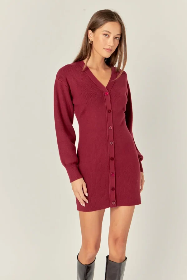 ENGLISH FACTORY Knit Dresses | Sweaters & Knits*- V-Neck Cardigan Mini Knit Dress BURGUNDY