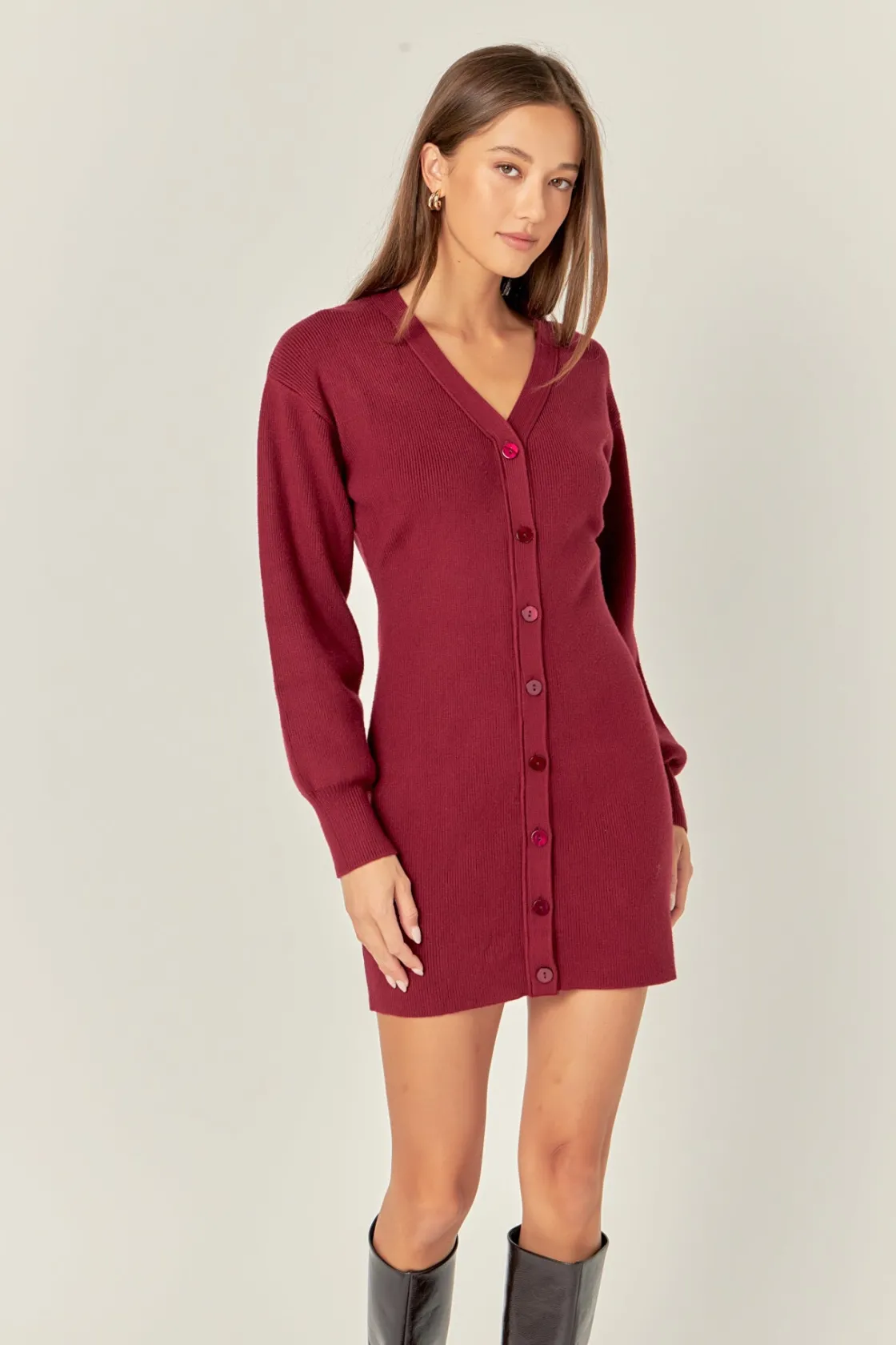 english_factory__vneck_ca_3.webp ENGLISH FACTORY Knit Dresses | Sweaters & Knits*- V-Neck Cardigan Mini Knit Dress BURGUNDY