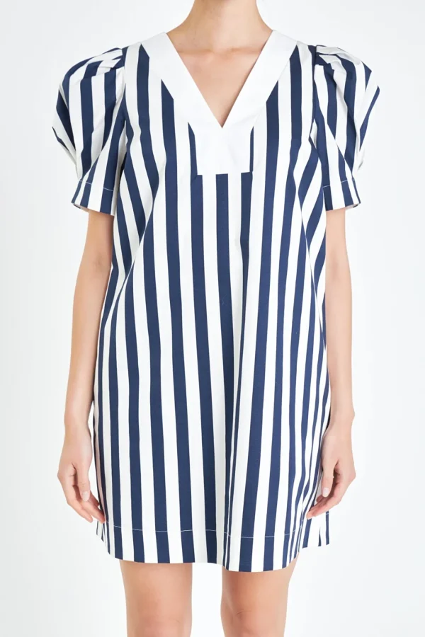 ENGLISH FACTORY Puff Sleeve | Tops*- V-neck Puffy Sleeves Dress NAVY/WHITE