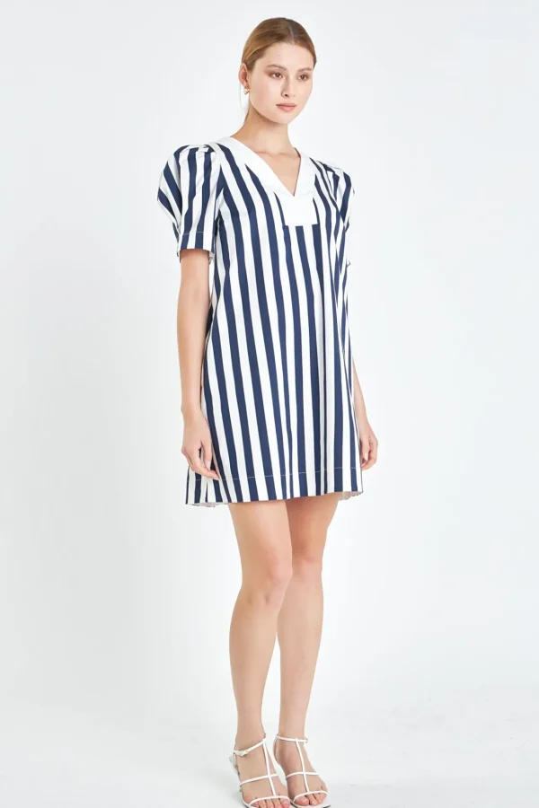 ENGLISH FACTORY Puff Sleeve | Tops*- V-neck Puffy Sleeves Dress NAVY/WHITE