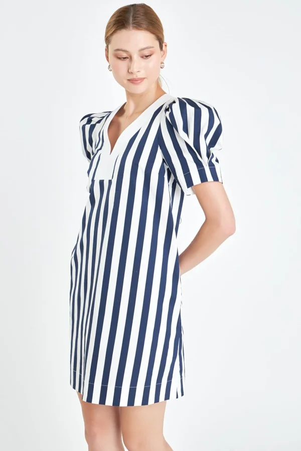 ENGLISH FACTORY Puff Sleeve | Tops*- V-neck Puffy Sleeves Dress NAVY/WHITE