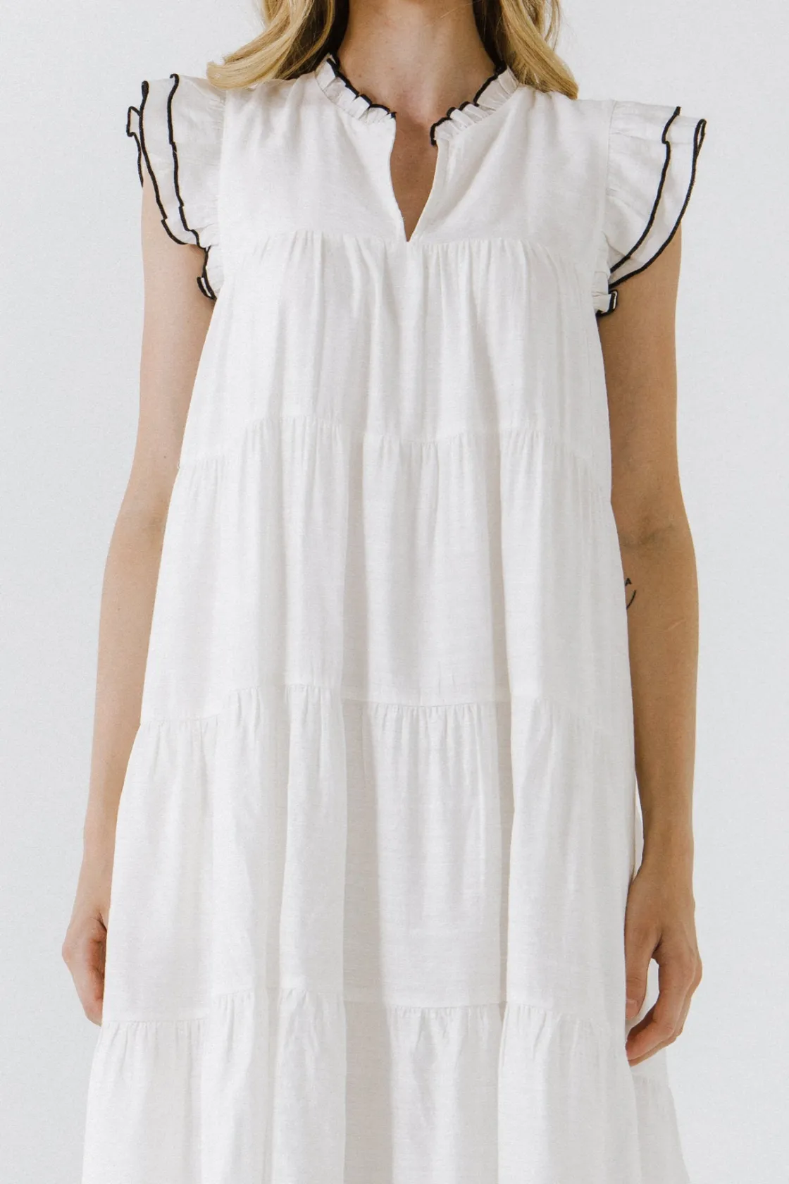english_factory__vneck_ti_0.webp ENGLISH FACTORY Boho Dresses | White Dresses*- V-Neck Tiered Midi Dress WHITE