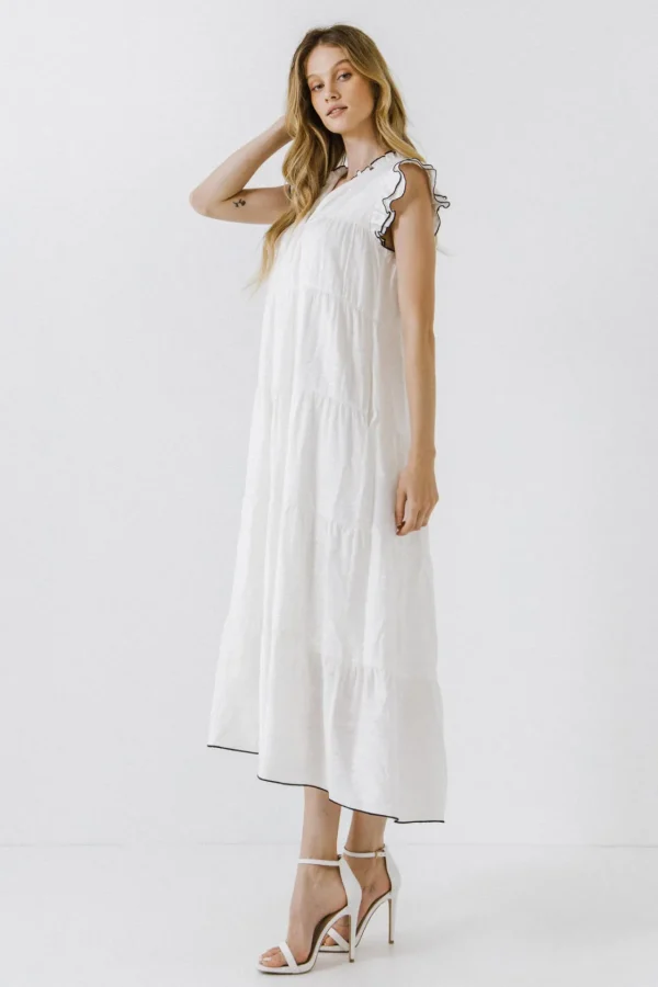 ENGLISH FACTORY Boho Dresses | White Dresses*- V-Neck Tiered Midi Dress WHITE