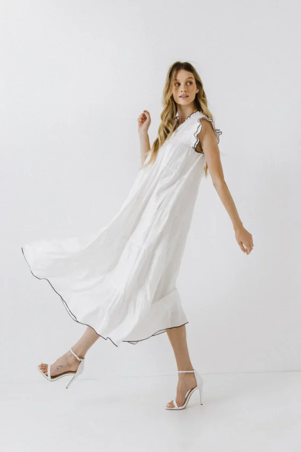 ENGLISH FACTORY Boho Dresses | White Dresses*- V-Neck Tiered Midi Dress WHITE