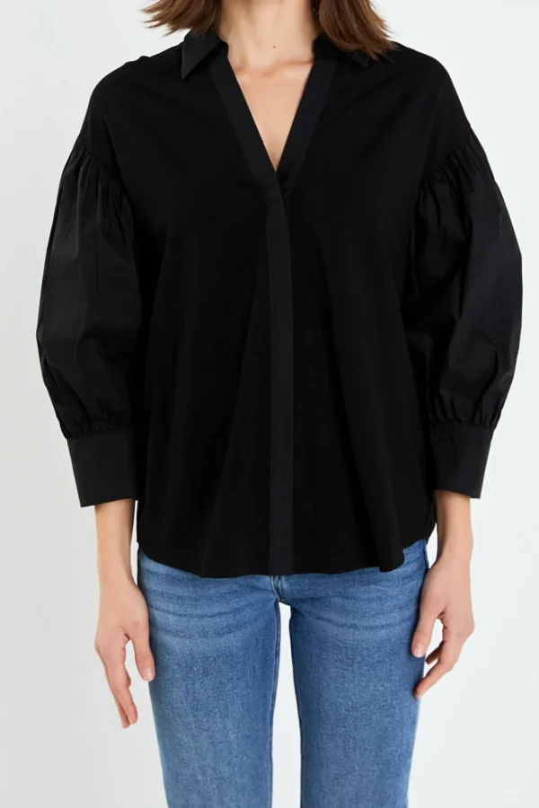 ENGLISH FACTORY Shirts & Blouses | Tops*- V-neckline Puff Sleeve Shirt BLACK