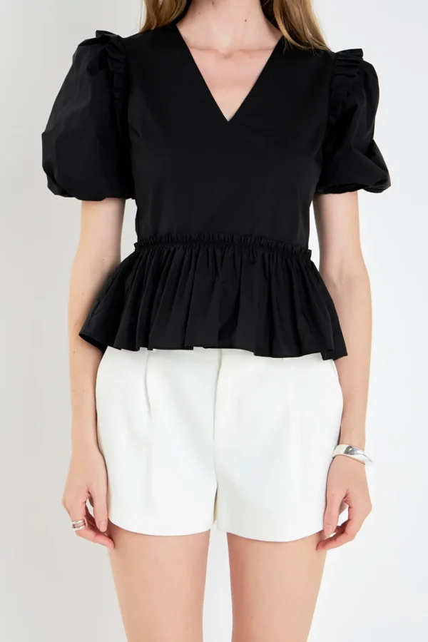 ENGLISH FACTORY Tops*- V-neckline Puff Sleeve Top