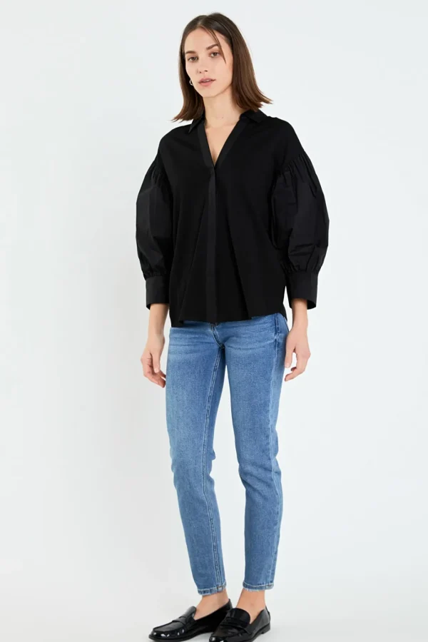 ENGLISH FACTORY Shirts & Blouses | Tops*- V-neckline Puff Sleeve Shirt BLACK