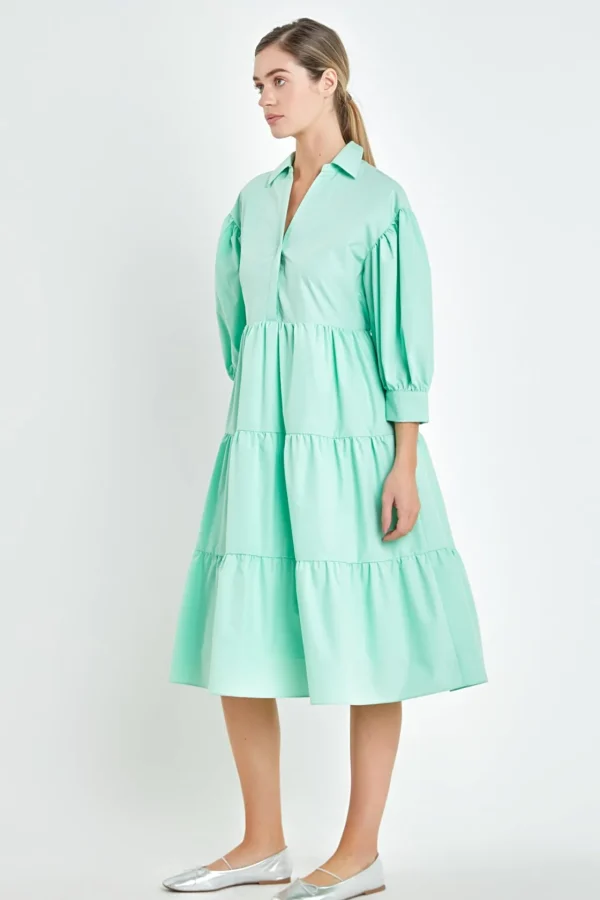 ENGLISH FACTORY Puff Sleeve | Tops*- V-neckline Puff Sleeve Midi Dress