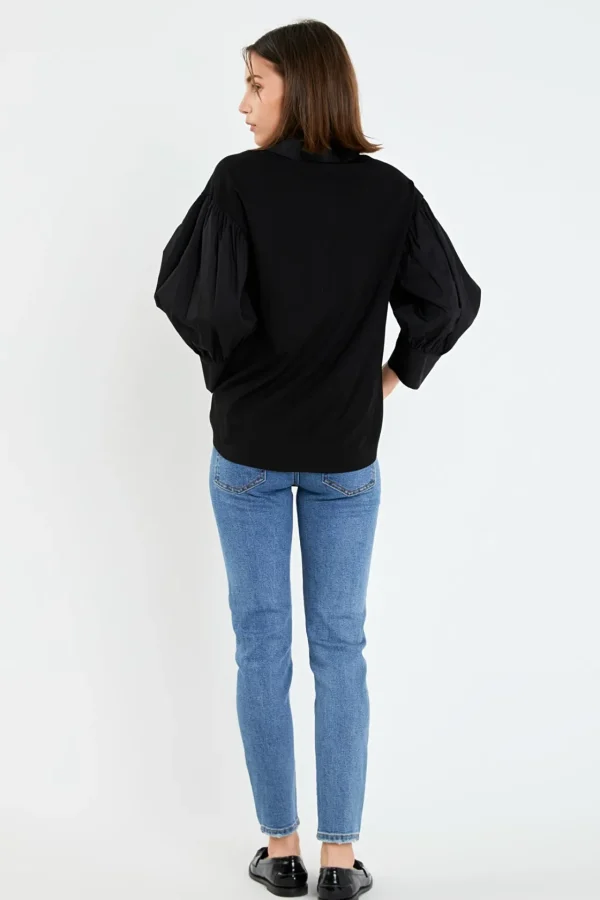 ENGLISH FACTORY Shirts & Blouses | Tops*- V-neckline Puff Sleeve Shirt BLACK