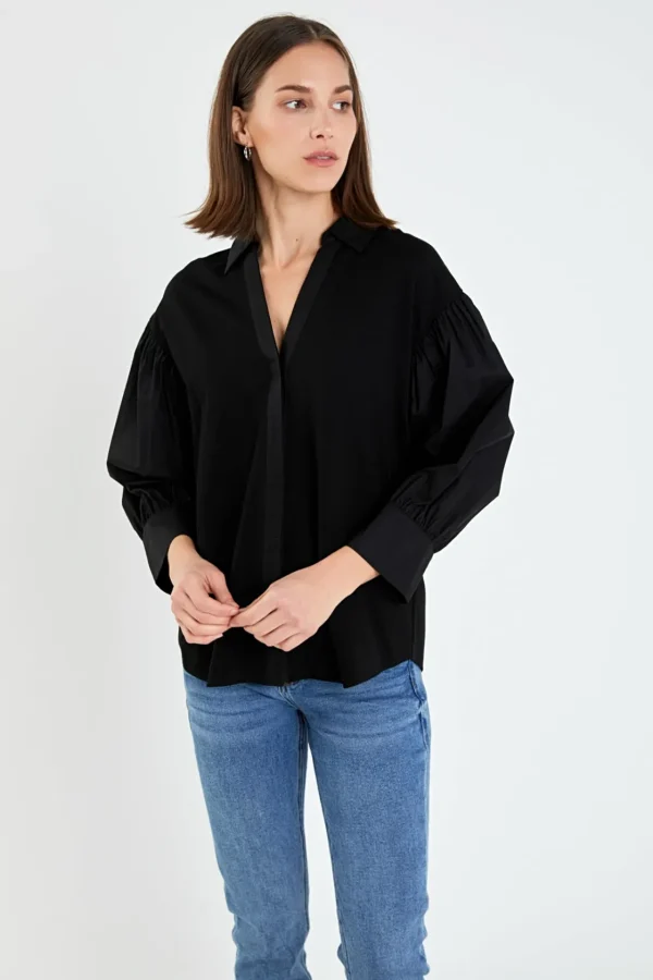 ENGLISH FACTORY Shirts & Blouses | Tops*- V-neckline Puff Sleeve Shirt BLACK