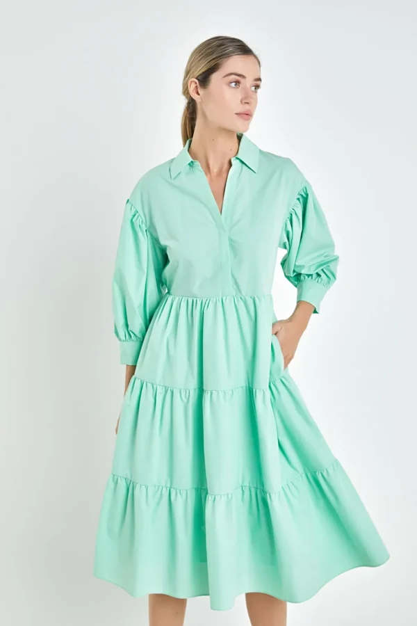 ENGLISH FACTORY Puff Sleeve | Tops*- V-neckline Puff Sleeve Midi Dress