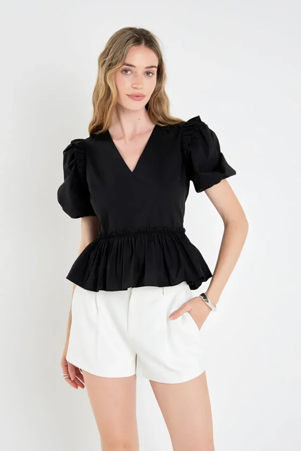 ENGLISH FACTORY Tops*- V-neckline Puff Sleeve Top