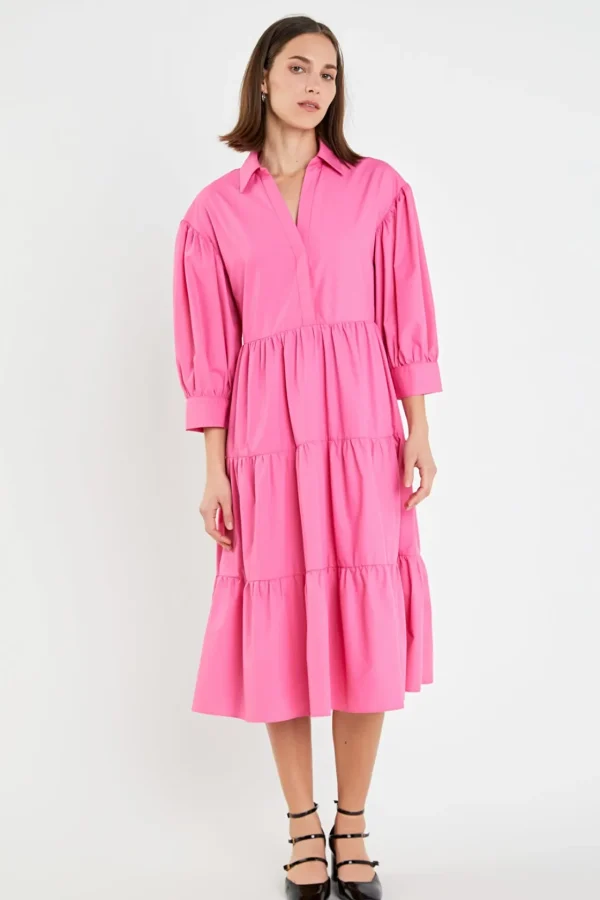ENGLISH FACTORY Puff Sleeve | Tops*- V-neckline Puff Sleeve Midi Dress