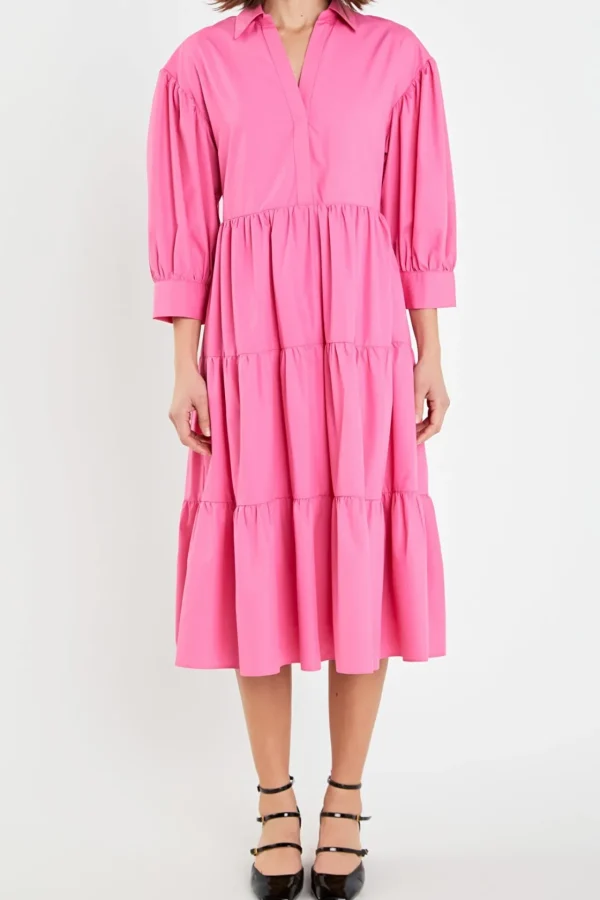 ENGLISH FACTORY Puff Sleeve | Tops*- V-neckline Puff Sleeve Midi Dress