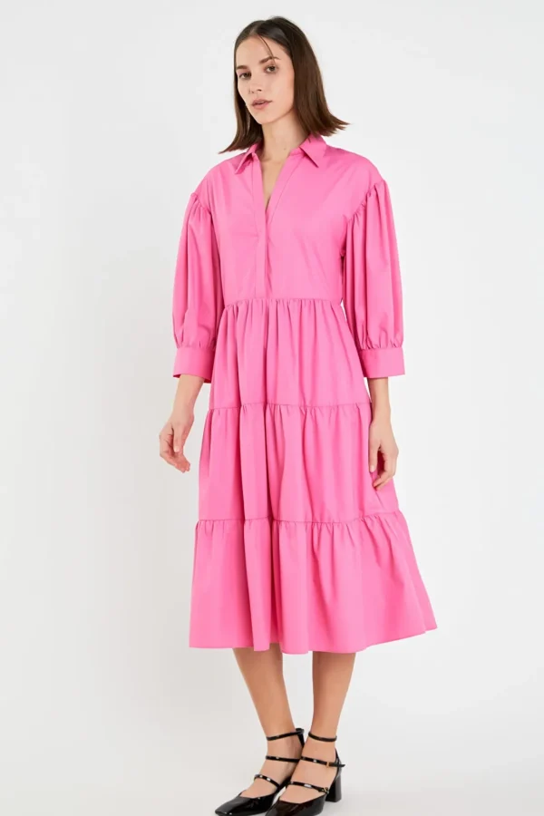 ENGLISH FACTORY Puff Sleeve | Tops*- V-neckline Puff Sleeve Midi Dress