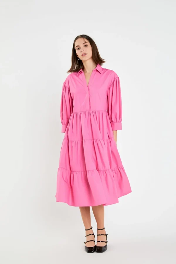 ENGLISH FACTORY Puff Sleeve | Tops*- V-neckline Puff Sleeve Midi Dress