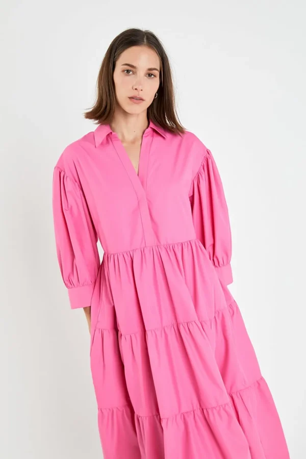 ENGLISH FACTORY Puff Sleeve | Tops*- V-neckline Puff Sleeve Midi Dress