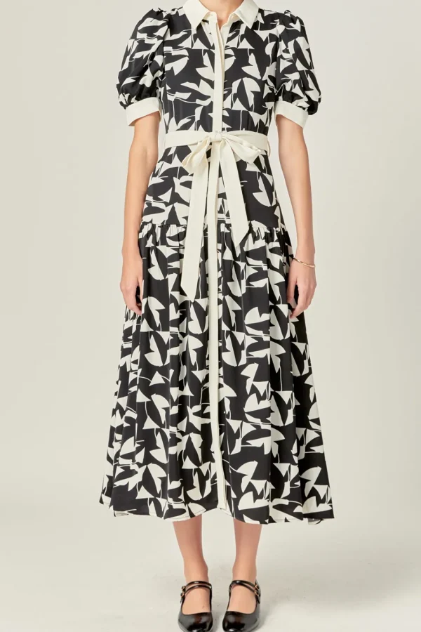 ENGLISH FACTORY Organza | Tops*- White and Black Printed Midi Dress IVORY/BLACK