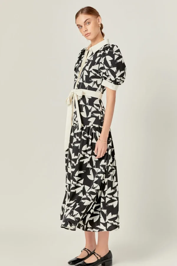 ENGLISH FACTORY Organza | Tops*- White and Black Printed Midi Dress IVORY/BLACK