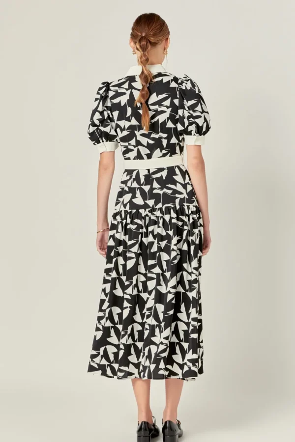 ENGLISH FACTORY Organza | Tops*- White and Black Printed Midi Dress IVORY/BLACK