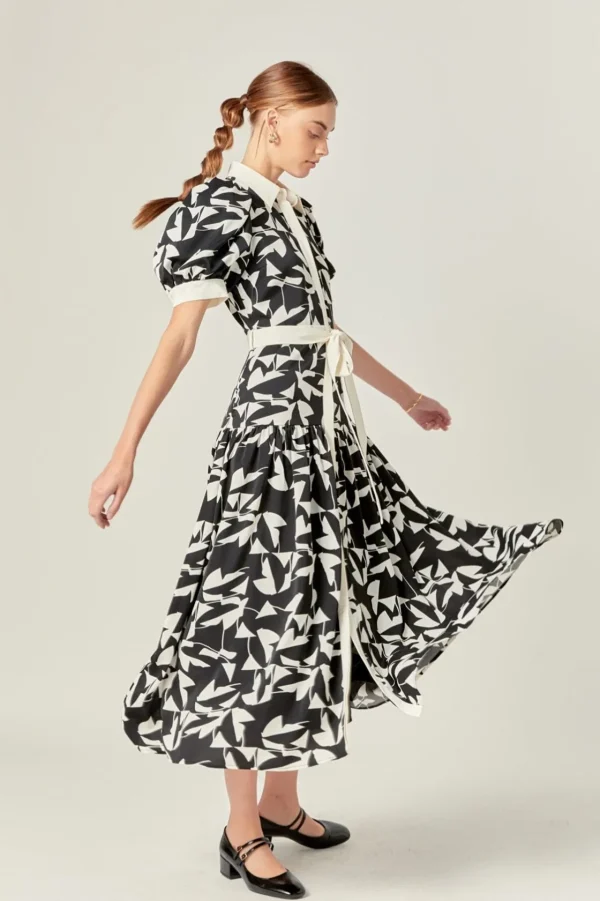 ENGLISH FACTORY Organza | Tops*- White and Black Printed Midi Dress IVORY/BLACK