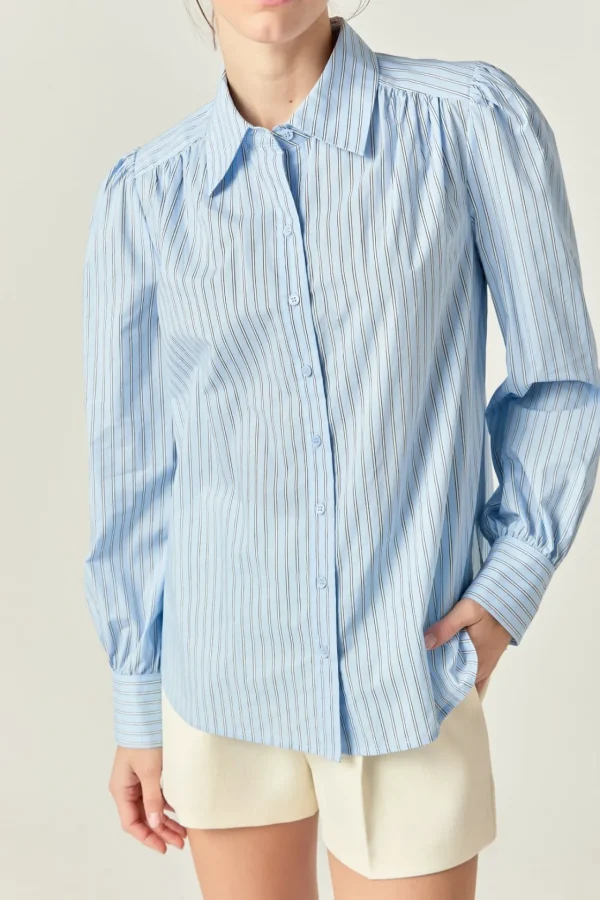 ENGLISH FACTORY Tops*- White Stripe Button Front Shirt in Powder Blue POWDERBLUE