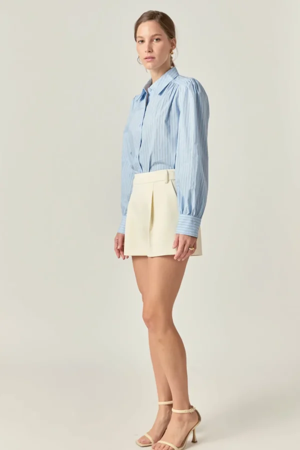 ENGLISH FACTORY Tops*- White Stripe Button Front Shirt in Powder Blue POWDERBLUE