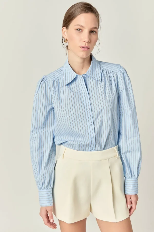 ENGLISH FACTORY Tops*- White Stripe Button Front Shirt in Powder Blue POWDERBLUE