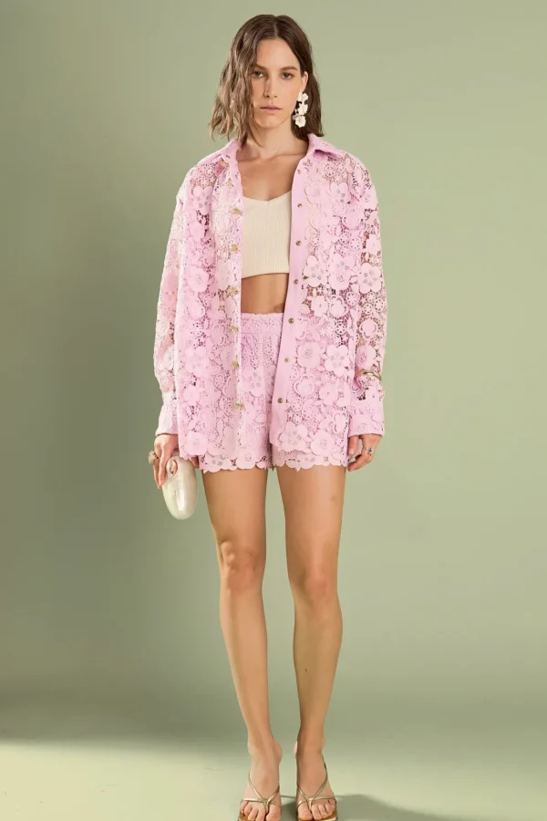ENGLISH FACTORY Matching Sets | Shorts & Skorts*- Willow Floral Guipure Lace Shorts LILAC