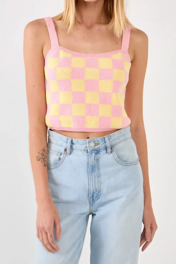 ENGLISH FACTORY Sweaters & Knits*- WOMEN CHECKERED KNIT SHIRT PINK/YELLOW