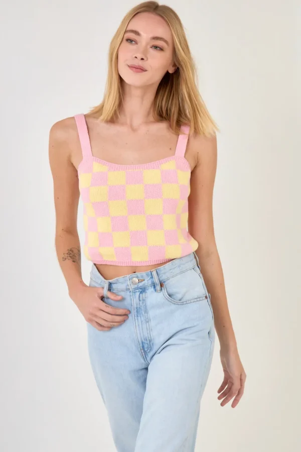 ENGLISH FACTORY Sweaters & Knits*- WOMEN CHECKERED KNIT SHIRT PINK/YELLOW