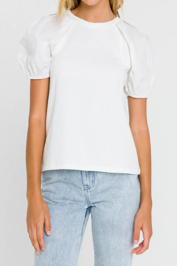 ENGLISH FACTORY Tops*- Women Knit Puff Sleeve Shirt WHITE
