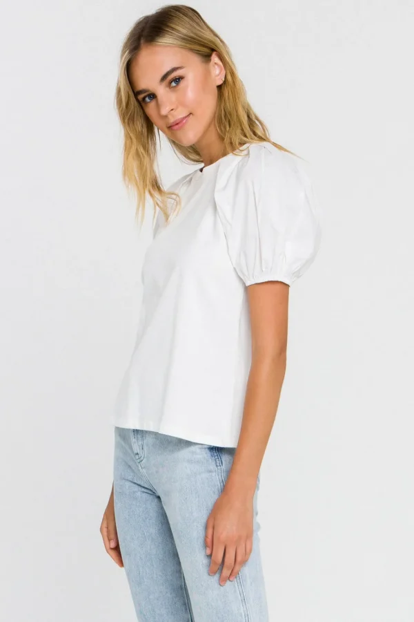 ENGLISH FACTORY Tops*- Women Knit Puff Sleeve Shirt WHITE