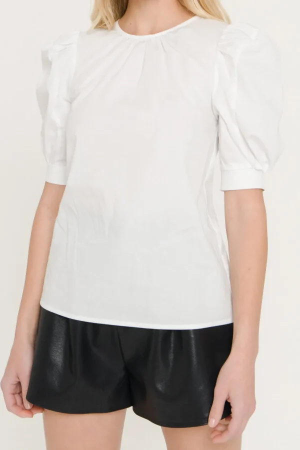 ENGLISH FACTORY Tops*- WOMEN WOVEN SHIRRED NECK BLOUSE WHITE