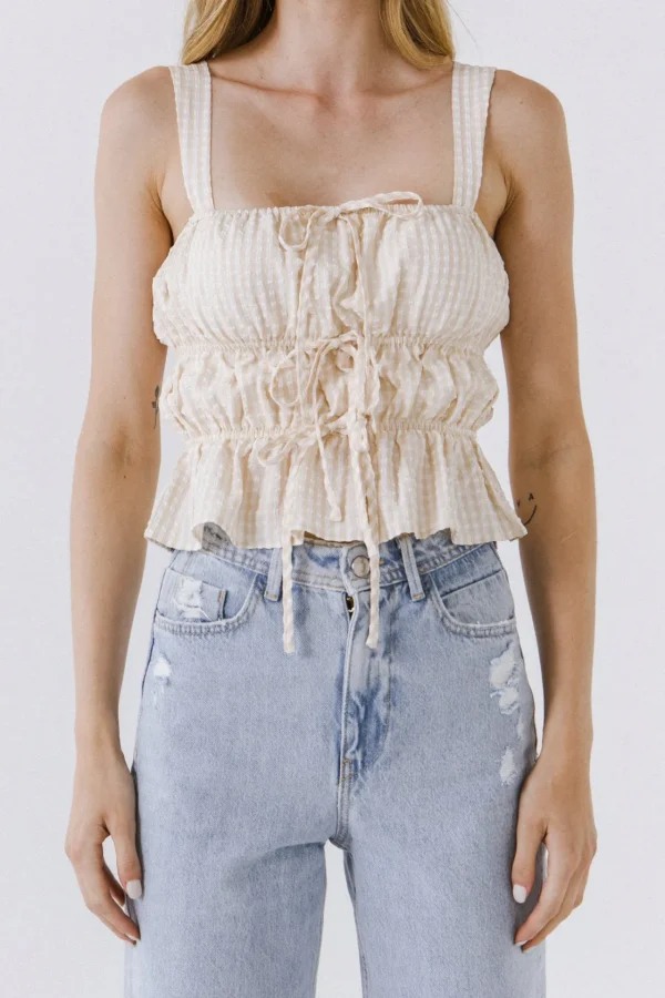 ENGLISH FACTORY Tops*- Women Woven Sleeveless Shirred Blouse BEIGE